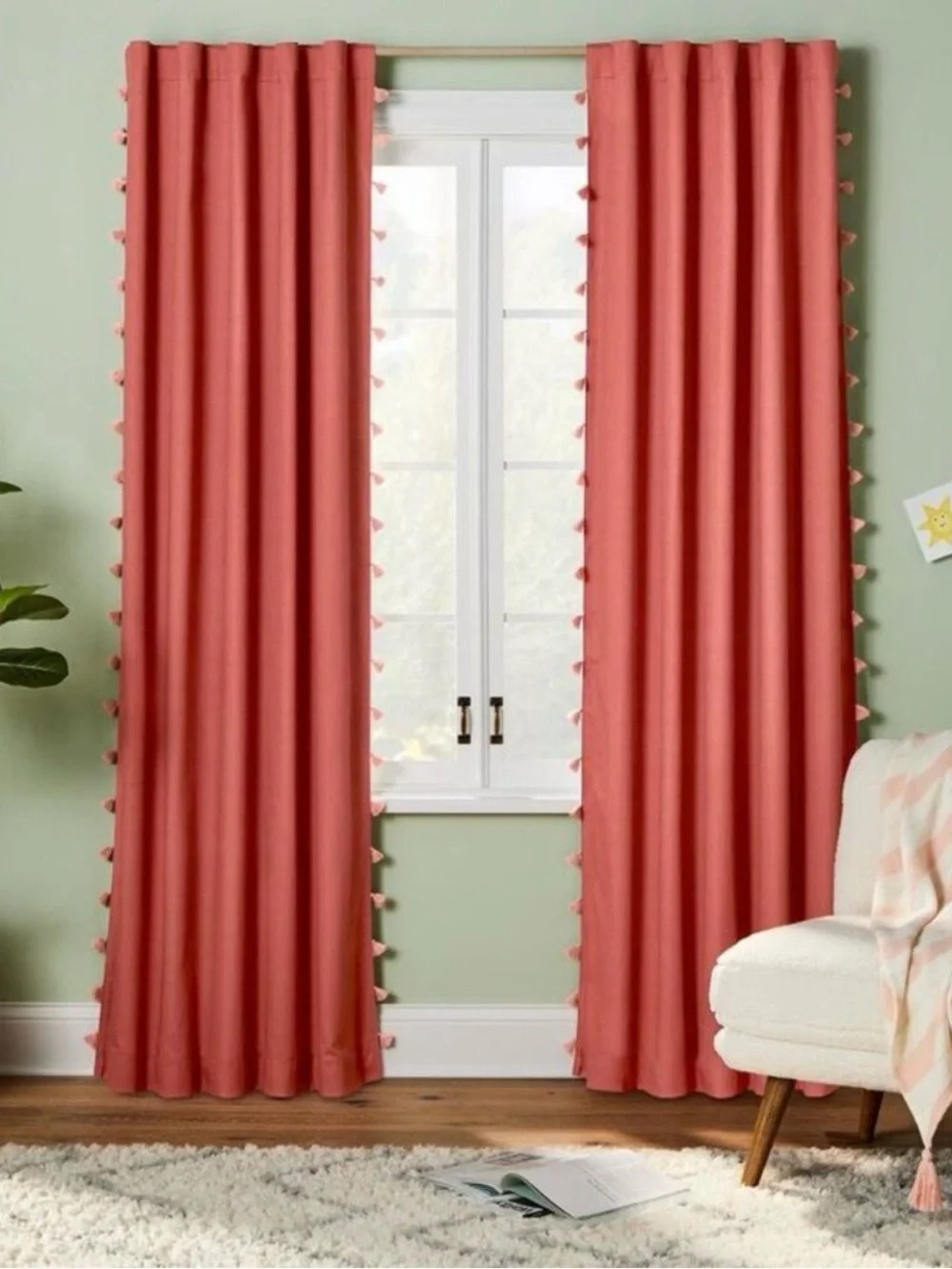 4 Pillowfort Coral Pom-Trim Blackout Curtain Panels
